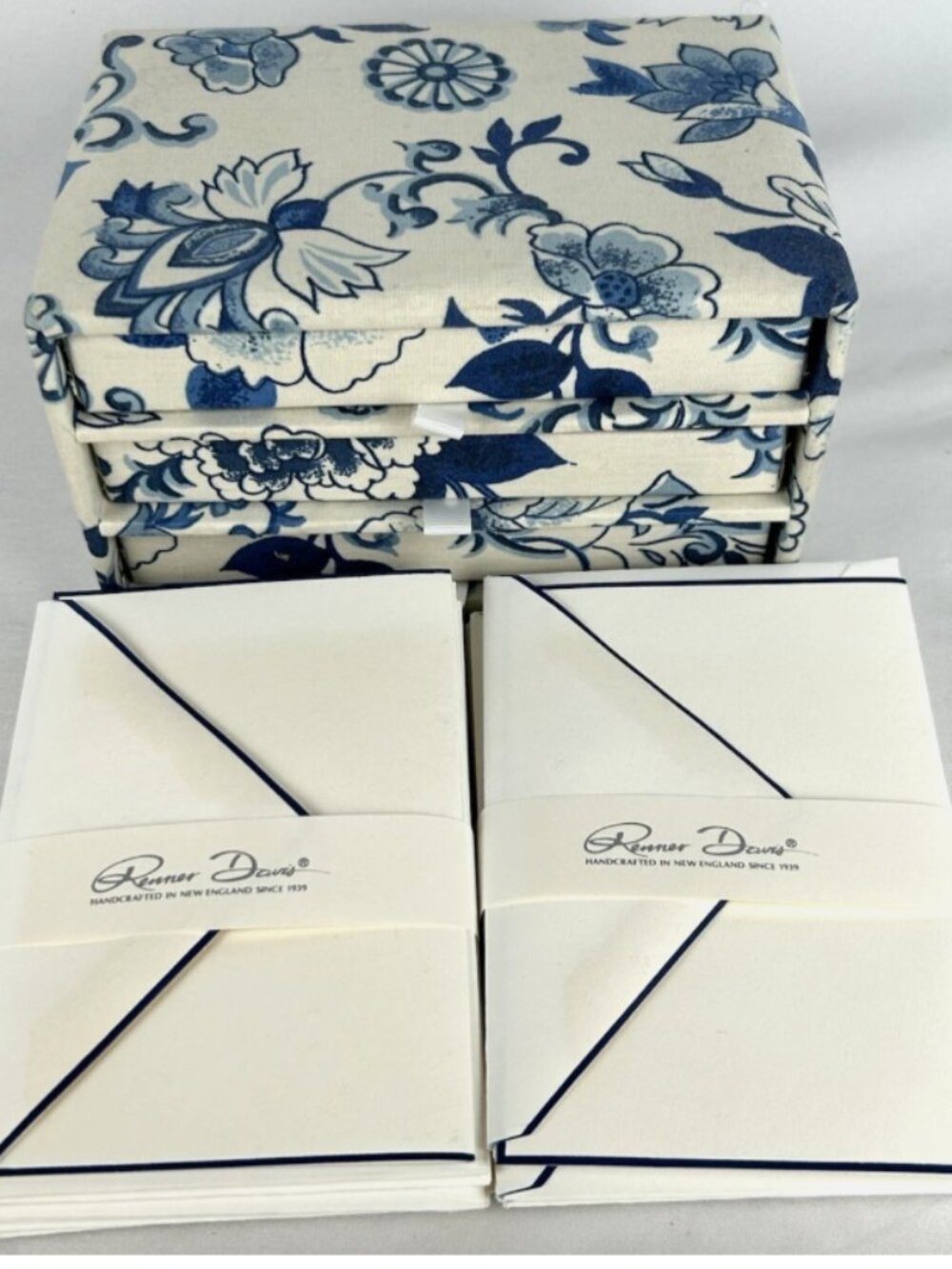 Vintage Renner Davis Stationary Box Fabric Covered Blue White Floral Unused